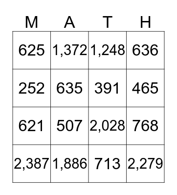Multiplication MATH Bingo Card