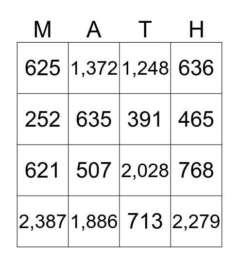 Multiplication MATH Bingo Card