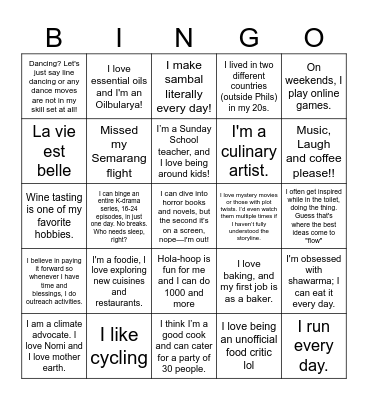 GET TO NOMI Bingo Card
