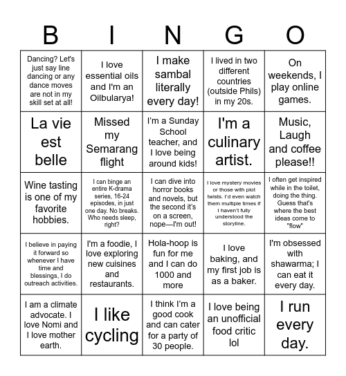 GET TO NOMI Bingo Card