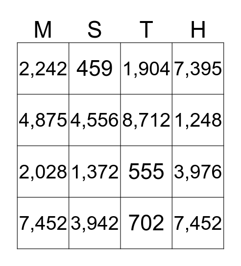Multiplication MATH Bingo Card