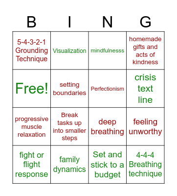 Coping with the Holidays Bingo Card