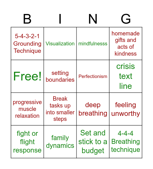 Coping with the Holidays Bingo Card