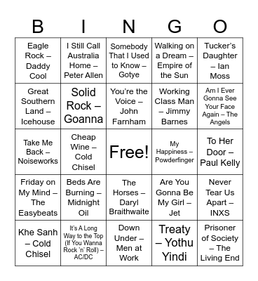 Australian Classic Songs Bingo Card