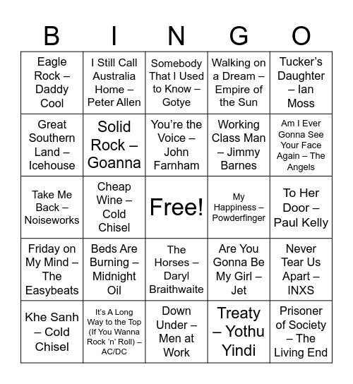 Australian Classic Songs Bingo Card