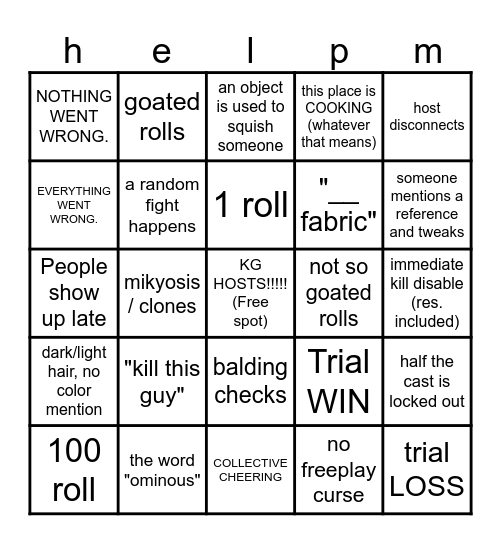 the killing game bingo Card