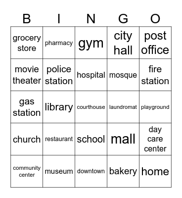 Places in the Community Bingo Card