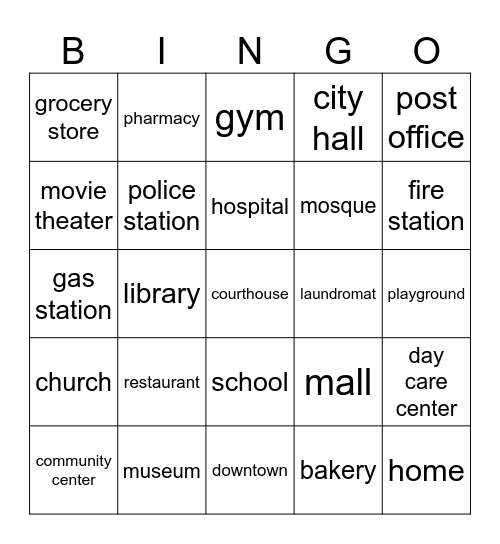 Places in the Community Bingo Card