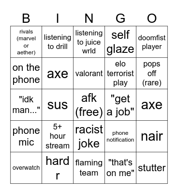 JustPhilski Stream Bingo Card