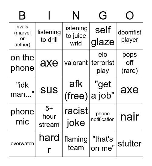 JustPhilski Stream Bingo Card