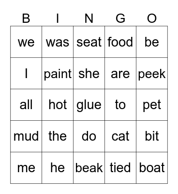 Tricky Words Level - 1 Bingo Card