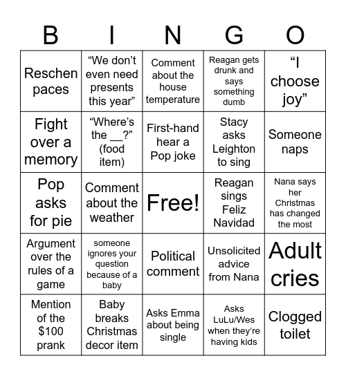 Wilkie Christmas Bingo Card