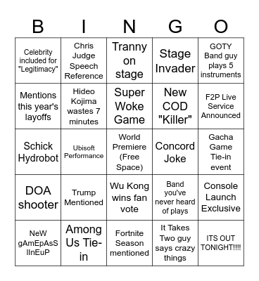 The Game Awards 2024 Bingo Card