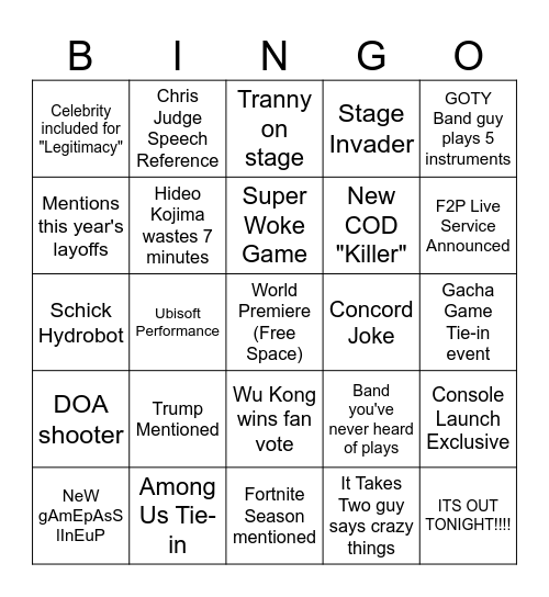 The Game Awards 2024 Bingo Card