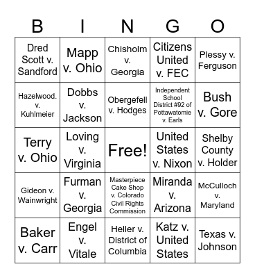 Landmark Supreme Court Cases Bingo Card