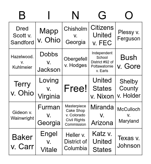 Landmark Supreme Court Cases Bingo Card