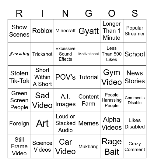 Youtube Shorts RINGOS Board Bingo Card