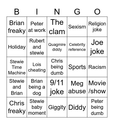 Family guy Bingo Card