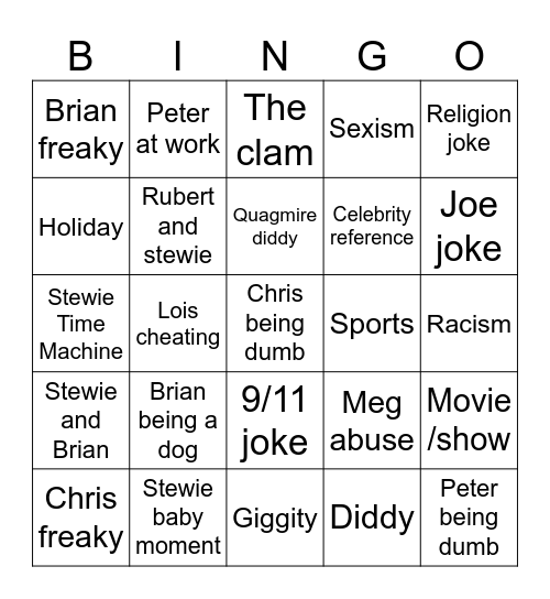 Family guy Bingo Card