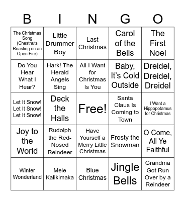 Holiday Song Bingo Card
