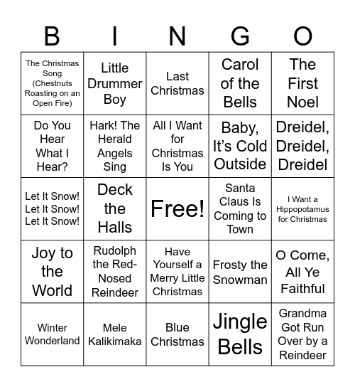 Holiday Song Bingo Card
