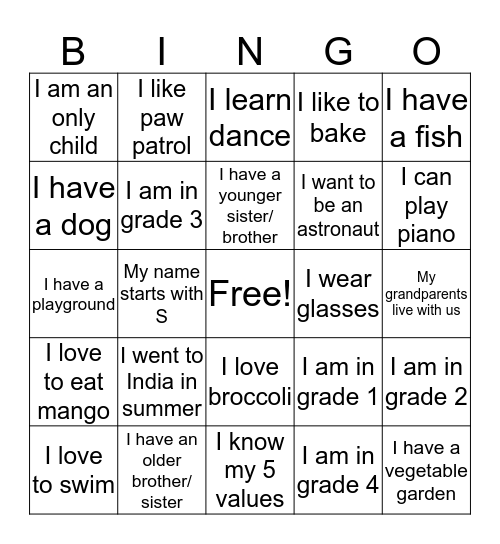 All About Me!! Bingo Card