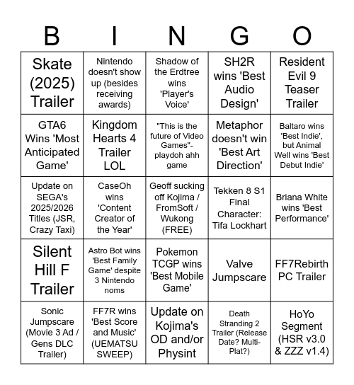 TGAs 2024 Bingo Card