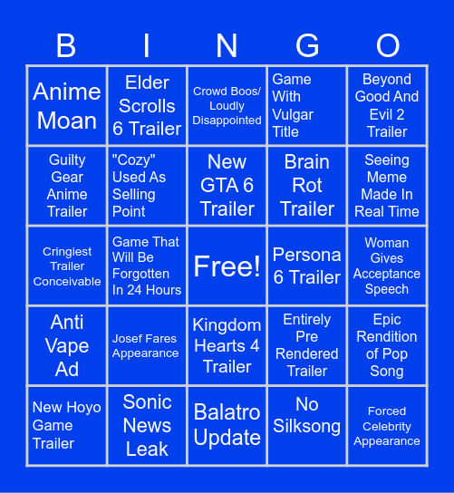 Game Awards Bingo Card