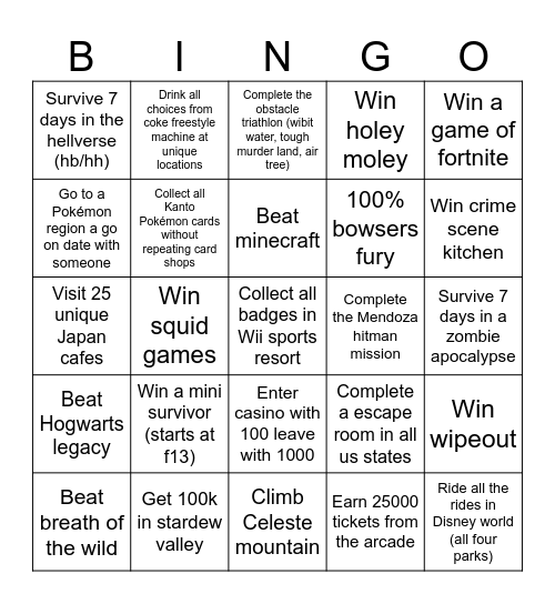 A persons bingothon Bingo Card
