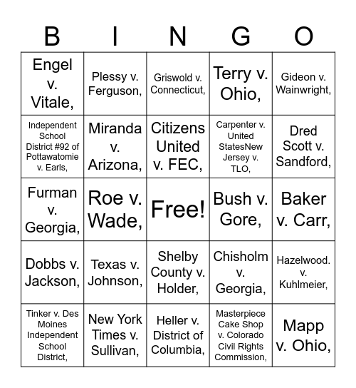 Cases of the Supreme Court Bingo Card