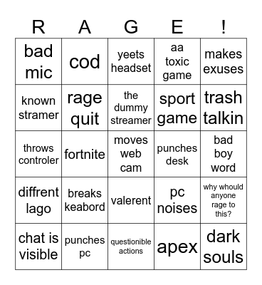 gameing rage bingo Card