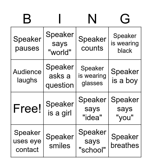 Public Speaking Bingo Card