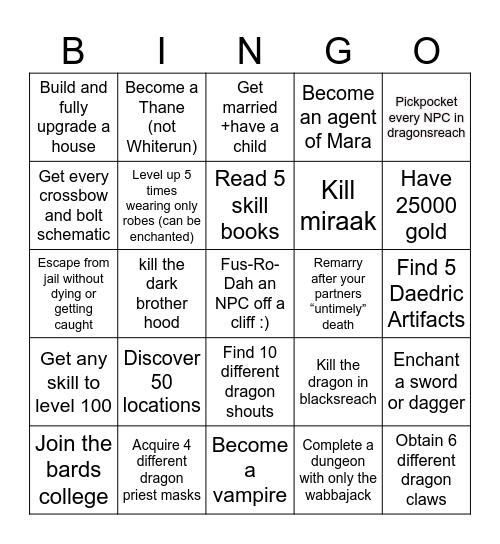 Jonathan’s Trials of Honor Bingo Card