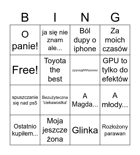 Top G Bingo Card