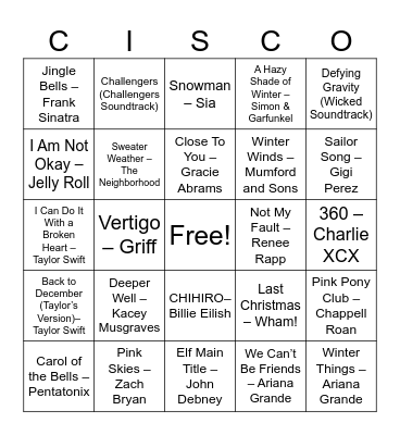 ETC Music Bingo: Winter & 2024 Top Hits Bingo Card
