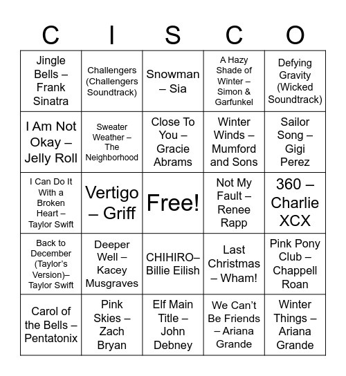 ETC Music Bingo: Winter & 2024 Top Hits Bingo Card