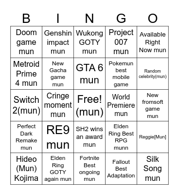 The Game Awards 2024 mun Bingo Card