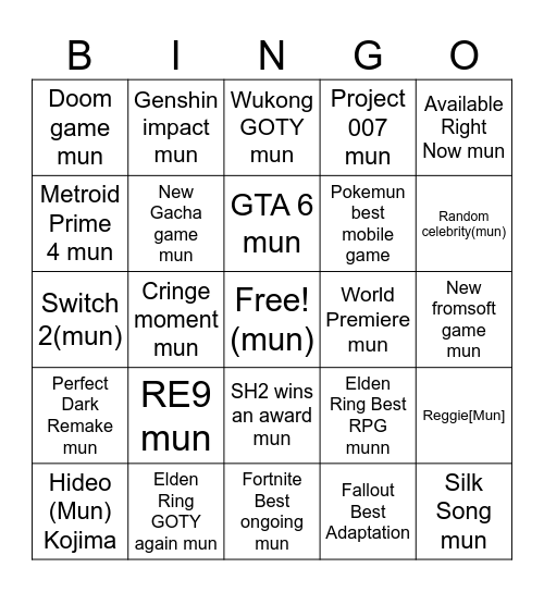 The Game Awards 2024 mun Bingo Card