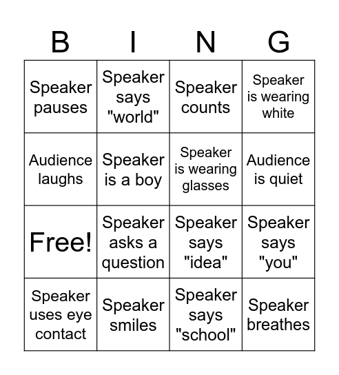 Public Speaking Bingo Card