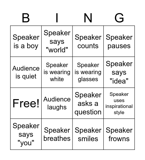 Public Speaking Bingo Card