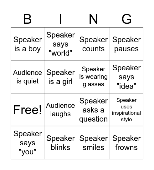 Public Speaking Bingo Card