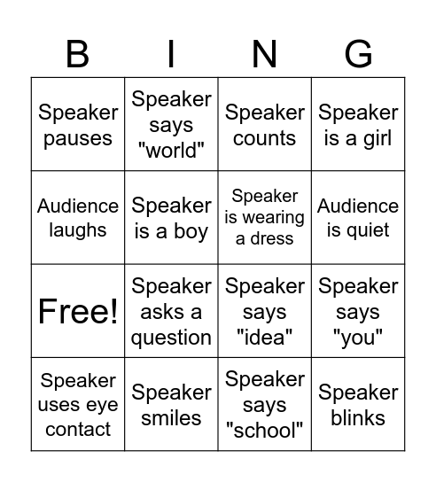 Public Speaking Bingo Card