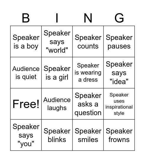 Public Speaking Bingo Card