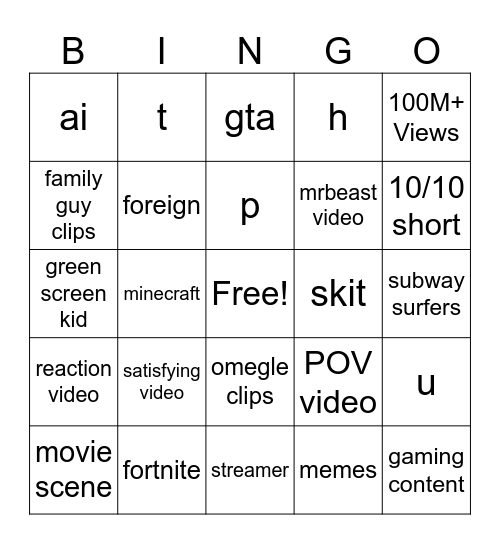 shorts bingo Card