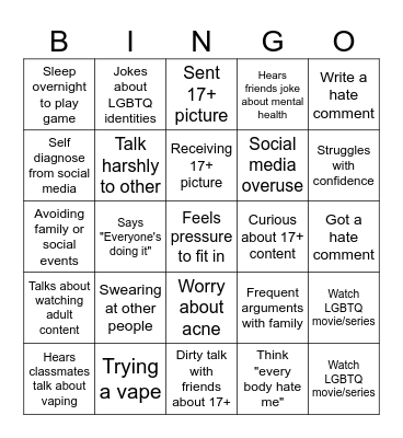 Teenage Life Bingo Card