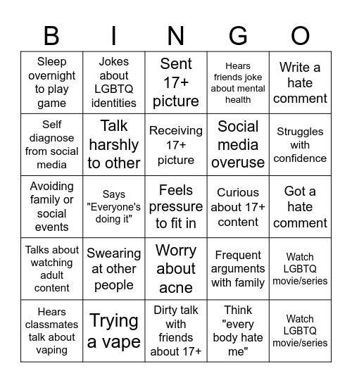 Teenage Life Bingo Card