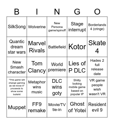 Game Awards 2024 Bingo Card