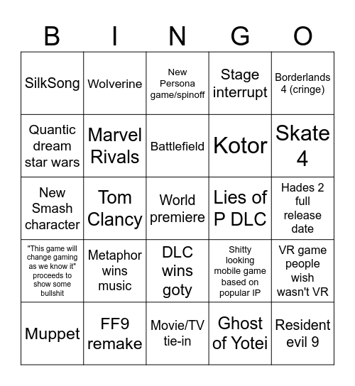 Game Awards 2024 Bingo Card