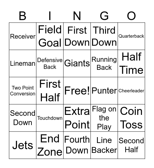Bunco Football Bingo Card