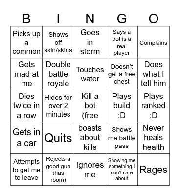 Fortnite bingo Card